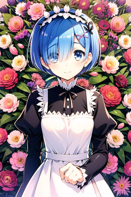 rem (re:zero), 1girl, solo, roswaal mansion maid uniform, twins, siblings, short hair, blue hair, blue eyes, maid, ribbon, hair ornament, hair over one eye, smile, looking at viewer, x hair ornament, hair ribbon, black ribbon,maid headdress, white apron, bangs, breasts, small breasts, long sleeves, dress, wide sleeves, standing, shiny, (flower:1.5),<lora:Mitsumi Misato:0.8>