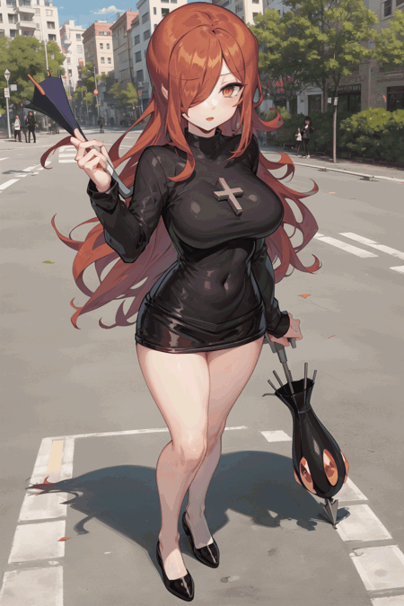 parasoul_skullgirls, solo, 1girl, red hair, long hair, hair over one eye, yellow eyes, large breasts, black sweater, cross, black shoes