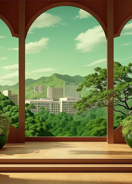 noh humans,masterpiece, 1showcase,green theme,plant,sky,city,