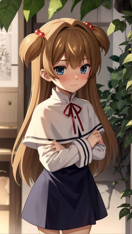 (masterpiece, best quality), ray tracing, absurdres,Jimeko-san,1girl, solo, long hair, two side up,  hair ornament, hair bobbles,capelet, tree, blue eyes,long sleeves, blush, shaded face, ribbon, black dress, dress,brown hair, closed mouth, neck ribbon, school uniform, white capelet, red ribbon, bangs, blonde hair,cowboy shot, leaf,looking at viewer, <lora:Jimeko-san_v2:0.8>