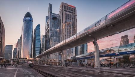 architecture photography,street in futuristic city,glass skyscrapers,pedestrians,monorail,advertisements,sunset,detailed,train station,cinematic lighting,architecture photography,