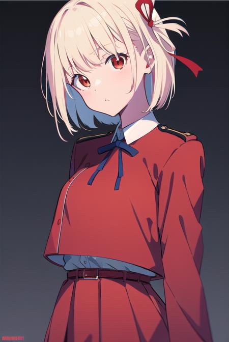 chisatonishikigi, <lyco:chisatonishikigi-LYCORIStest:1>, 
nishikigi chisato, short hair, bangs, blonde hair, (red eyes:1.5), hair ribbon, one side up, bob cut,
BREAK shirt, long sleeves, dress, ribbon, white shirt, collared shirt, belt, neck ribbon, red dress, blue ribbon, pleated dress, grey dress, two-tone dress, red belt, lycoris uniform,
BREAK outdoors, city,
BREAK looking at viewer, BREAK <lora:GoodHands-vanilla:1>, (masterpiece:1.2), best quality, high resolution, unity 8k wallpaper, (illustration:0.8), (beautiful detailed eyes:1.6), extremely detailed face, perfect lighting, extremely detailed CG, (perfect hands, perfect anatomy),