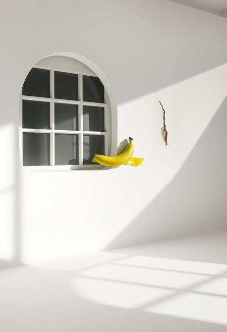 “Captured with Panavision Prime Cine optics: a minimalist studio scene featuring a pastel white dome-shaped wall curving seamlessly into the floor, softly illuminated with diffused cinematic lighting. Cube-shaped shadows, cast by a front-facing window grid, add depth and visual interest to the composition. At the exact middle height of the wall, an oversized, acid-green banana is boldly displayed, secured with an extra-wide strip of vibrant yellow duct tape. Beside the banana, a prominent, jagged scar disrupts the wall’s smooth surface, adding a raw, contrasting imperfection to the pristine aesthetic. The premium optics emphasize every detail, from the textures of the wall and shadows to the vivid tones of the banana and tape.”