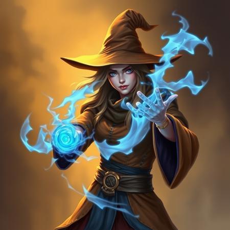 Female mage, casting spells, blue spells, golden aura, wearing brown robe with blue trim, wearing brown pointed wizard hat
