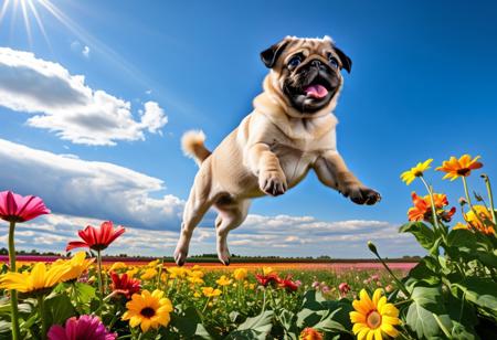 Highly detailed photograph of a pug puppy leaping through the air above a field of colorful flowers. Side view. Floppy ears, big eyes, very cute, very happy, joyful. Blue sky with fluffy clouds. Bright sun, god rays.