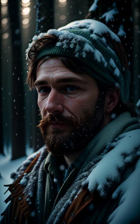 a closeup portrait photo of a man in a winter forest, peaceful, volumetric lighting, soft focus