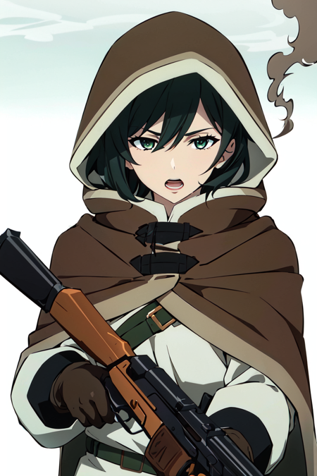 nier anime style, 1girl, weapon, gun, brown gloves, black hair, gloves, hood, cloak, holding, open mouth, holding gun, holding weapon, solo, hooded cloak, green eyes, hood up, short hair, bangs, smoke, rifle, hair between eyes
, ((masterpiece))
<lora:nier_anime_style_offset:1>