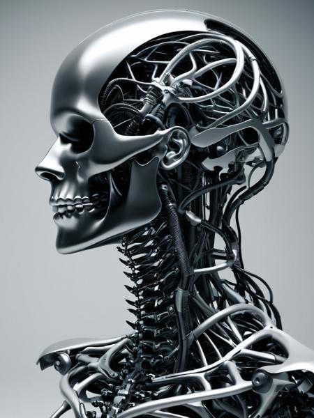 An enthralling 3D render unveils a dark fantasy mechanical neck spine system, envisioning a futuristic and sinister concept. The spine is intricately detailed, incorporating fiber optic neurons that interconnect with a polished, transparent helmet. The helmet houses electronic-optical eyes that emit a subtle, enigmatic glow, contributing to the ominous appearance. The design masterfully merges advanced technology with the macabre, eliciting a sense of enigma and captivation. This conceptual artwork prompts the viewer to contemplate the intersection of technology and dark fantasy, evoking a blend of fascination and discomfort.