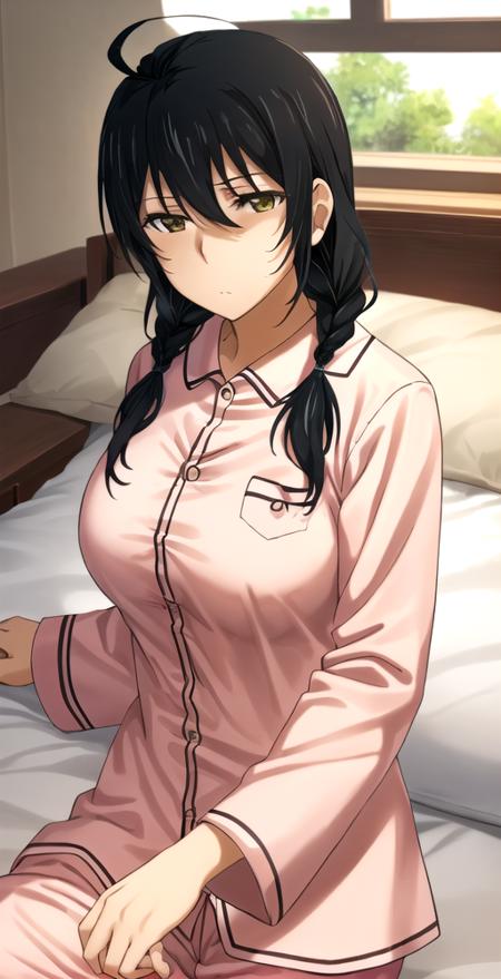 AK,1girl, solo, portrait, upper body, (big breasts), expressionless, long hair braids, ahoge, ((wearing pajamas)), (laying down on bed), perfect quality, good quality, masterpiece, HDR, UHD <lora:Ayaka Kagari:0.8>