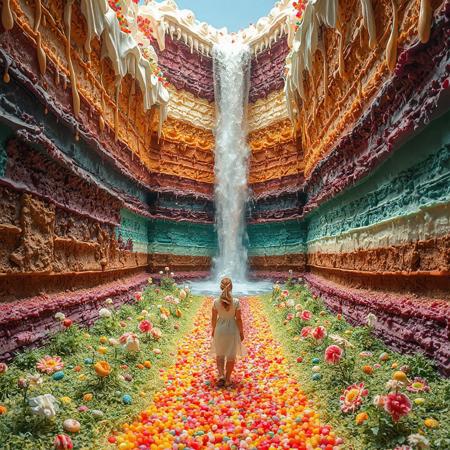 at the bottom of the multi color cake valley. The valley is made from cake and melting cream. between towering, huge cake and huge topping cream. canyon of giant layered cake. plants made of sparkling candies. pebbles of candy spread along the path. Waterfall of wine flowing out of giant bottle. a woman approaching wall of cake and tasting. a woman facing toward viewer.