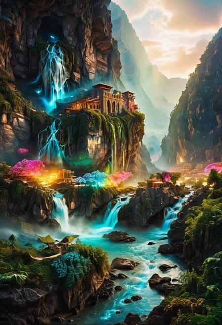 (by Ellen Jewett:1.5), (Bioluminescent Impressionism, Egyptian landscape, The Dreamland,, their peaks veiled in mist. mixed media, surrealism, great lighting, A surreal landscape highly detailed . extremely high-resolution details,  appears trapped in an optical illusion of reflections and refractions colorful , mountains and village in Turkey, professional photography, natural lighting, volumetric lighting maximalist. intricately detailed, complex, elegant, expansive, fantastical, waterfall, ethereal landscapes, depth of field, biotech emotion:1.3) <lora:xl_more_art-full_v1:0.5> <lora:add-detail-xl:1> <lora:RMSDXL_Creative:2>