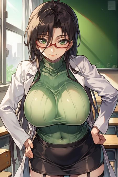 chisato sdxl, black hair, long hair, green eyes, glasses, red-framed eyewear,  ribbed sweater, green sweater, thighhighs, turtleneck, lab coat, garter straps, miniskirt, black skirt,