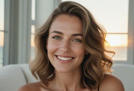A meticulously detailed, hyper-realistic studio portrait of Olivia, a 35-year-old woman with sun-kissed skin and bright green eyes. She has a slim, oval, delicately contoured face with high cheekbones, a narrow jawline, and a subtle V-shaped chin. Her wavy, short-length light brown hair is casually tousled, framing her naturally beautiful face. Her skin has realistic texture: visible pores, soft natural wrinkles, gentle laugh lines, and minor imperfections that enhance authenticity. She wears a warm, genuine smile with slightly imperfect teeth. She seats in a living room, watching the sunset, and ocean,through an elegant beautiful Huge window, captured with an 85mm lens at f/4, with natural color grading and an unedited RAW film look — inspired by Kodak Portra 400. No makeup retouching, no plastic effect, no artificial smoothing.
