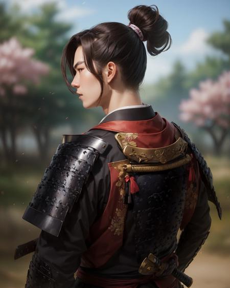 best quality,masterpiece,highly detailed,ultra-detailed, katanaV2
<lora:neg4all_bdsqlsz_V3.5:-1> 
Describing a samurai clad in finely detailed armor adorned with cherry blossom patterns, showcasing respect for the beauty of nature. The clothing is predominantly light purple, harmonizing with the armor. The hairstyle is neatly arranged, with the hair tied into a simple ponytail at the back.
  <lora:nobunagakatana:1> katanaV2