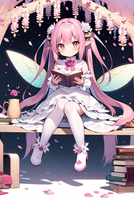 (pink theme),1girl, solo, flower, pink hair, long hair, wings, white background, pink flower, hair ornament, book, pink eyes, sitting, hair flower, dress, frills, simple background, white footwear, looking at viewer, bangs, petals, wide sleeves, full body, blue flower, holding, boots, long sleeves, closed mouth, very long hair, open book, wrist cuffs, white dress, holding book, butterfly wings, rose, pink rose, blush, purple flower, frilled dress, fairy wings, frilled sleeves