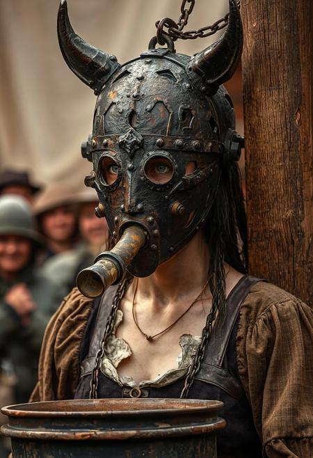 overall wide-angle full height standing view from a distance of 20 metres, a captive witch with a very long neck is wearing a medieval close-fitting full face rusty iron punishment bridle in the form of a female head, there are many cut outs and ornately decorative slits and slots in the bridle, the bridle closed in over her face and mouth and eyes, it fits closely to her head and neck like a second skin fully enclosing head and face and neck, the head bridle has two projecting tubular eyeholes and the iron neck casing is very tall and there is an iron drinking tube coming from the iron panel covering her mouth and iron funnels emanate from her ears, the bridle is fastened with a padlock at the back of her head, (she is wearing a ragged medieval dress and there is a chain running from a ring at the top of her head to a ring on a wooden post:2.0), she is attempting to drink from a cattle trough through her drinking tube, at a renaissance faire in front of a jeering crowd