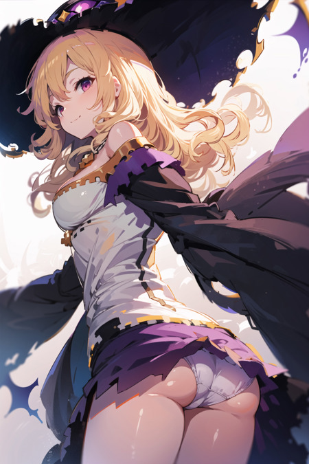 daria \(bahamut\) black witch hat, jewelry, necklace, purple skirt, shirt, bare shoulders,