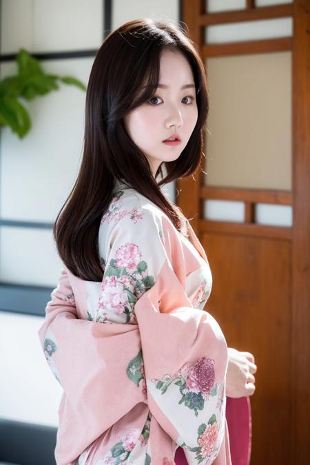 masterpiece, best quality,closed mouth, looking at viewer, alluring, clean, beautiful face, pure face, pale skin, little smile, a woman in a kimono standing in a room with a door open and looking at the camera with a serious look on her face, with a serious look on her face, <lyco:jinji:1>,