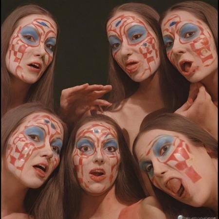 a surreal and movie still close-up-shot, a 1970s Sao Paulo Brazil Theater of the Absurd movement, three gorgeous long hair brunette dancers distorted and exaggerated features, wearing stretched exaggerated mouths made of plastic polymer masks, their bodies painted with whimsical colorful patterns, in a bizarre and hallucinogenic theatre set, with vibrant and contrasting colors, dynamic composition, dramatic surreal theatrical lighting, Leica M3, 50mm lens