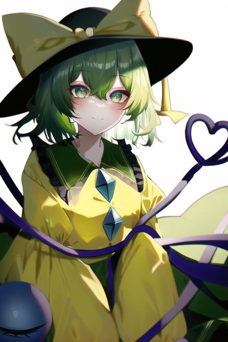 masterpiece, best quality, komeiji_koishi, green_eyes, heart_of_string, yellow_shirt, hat, eyeball, skirt, wide_sleeves, 1girl, green_skirt, frills, green_hair, black_headwear, shirt, long_sleeves, bow, looking_at_viewer, yellow_bow, frilled_sleeves, solo, heart_hands, underwear, heart-shaped_pupils, hat_ribbon, string, holding_clothes, frilled_shirt_collar, hat_bow, blouse,  yellow_blouse,  hair_between_eyes, ribbon, yellow_ribbon