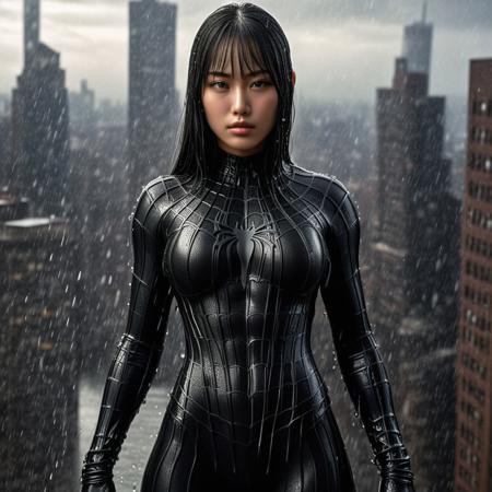 score_9, score_8_up, score_7_up, best quality, realistic, masterpiece, beautiful detail, hyperrealistic, rainy scenery, ((1girl, woman body, big breasts)), amazing detailed full body of a beautiful japanese girl, wearing a realistic and highly detailed black raimi spider-man suit, ((huge muscular girl)), professional model wears ultra - detailed black raimi spider - man suit, ultra - detailed and grained black raimi spiderman suit, suit covered entire body and hand, black spiderman gloves, wet, (spread leg), (full body), (dirty skin), close up, octane render, highly detailed, volumetric, dramatic lighting, (highest quality:1.1), (HDR:1.3), (top quality, best quality), realistic, high definition,
