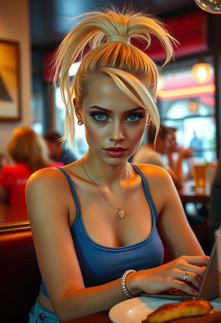 A petite, youthful blonde woman sits at a cozy café table, her bleach-blonde hair pulled up into a high ponytail that sways gently with every subtle movement. Her pale blue eyes are striking, framed by sharp eyeliner and filled with quiet focus as she stares in horror at her plate of grilled frog. Her realistic skin glows under soft, cinematic lighting, revealing a flawless complexion, delicate dimples, and luscious pink lips slightly parted in concentration.
She wears a fitted blue cropped tank top that accentuates her figure, with hoop earrings catching the light and a dainty necklace resting just above her collarbone. A bracelet shimmers on her wrist as she types. The atmosphere around her is warm and vivid, bathed in rich rainbow-toned lighting. In the background, people sip their drinks and chat, their presence adding a sense of everyday life to this vibrant, professional-quality 35mm photograph.