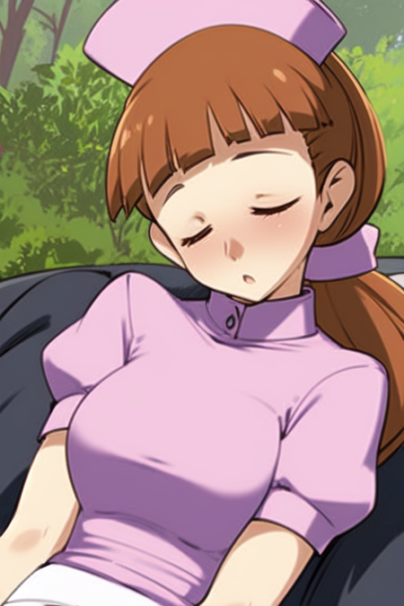 nurse, nurse cap, brown hair, long hair, ponytail, sleeping