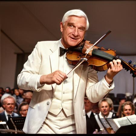 a man in a white suit playing violine at a concert:1.2, full body<lora:LeslieNielsenLora:0.8> 1boy, white hair, old man,