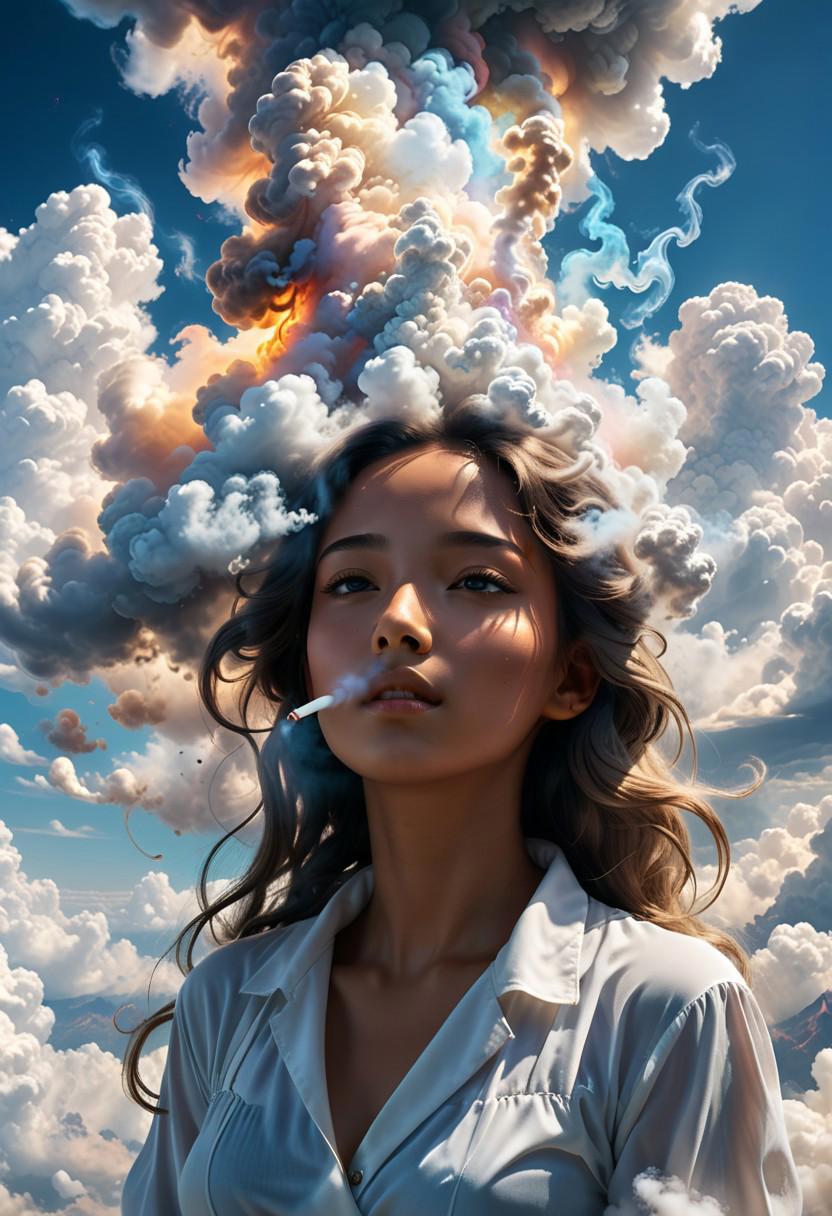 "Epic Scenic ethereal magical heavenly smoke and clouds with a smoke and clouds made of holy Smoke and clouds, godly girl shape of cloud, hyperrealistic, very detailed, shape of an ethereal smoke and cloud, scenic heavenly view, Hyperrealistic, splash art, concept art, mid shot, intricately detailed, color depth, dramatic, 2/3 face angle, side light, colorful background"