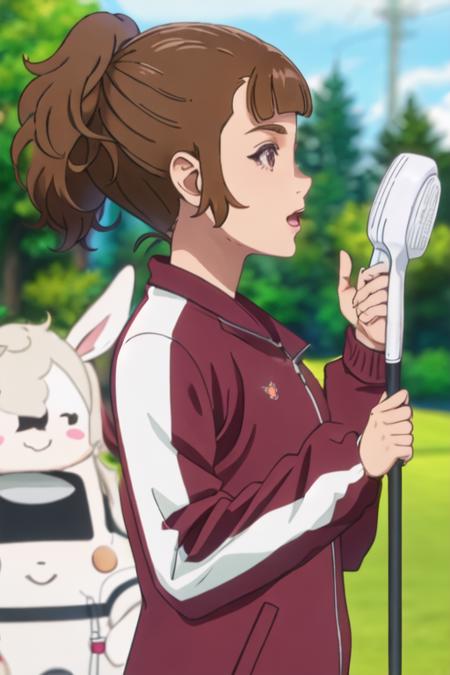 best quality, masterpiece, highres, solo, {saotome_ichina_birdiewinggolfgirlsstory:1.15}, brown_hair, short_hair, ponytail, bangs, open_mouth, brown_eyes, 1girl, jacket, profile, track_jacket, from_side, blurry, blurry_background, upper_body, outdoors, day