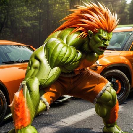 (((a monster smashing cars))<lora:BlankSF2V6Lora:0.7> ((lips tight, serious look)),  green skin, muscular, orange hair, long hair, abs, light brown shorts with fur, hair on arms, 4k, high quality, ultra realistic, sharpen image, full body, Highly detailed