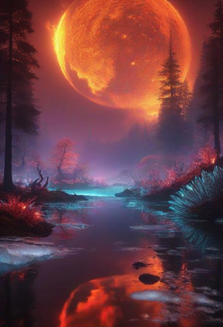 Ultrarealistic. sharp focus, dynamic lighting. play of light, reflection, refraction, Raytracing, Ultra detailed. Alien themed. Alien scenery. alien scenery background. alienworld. An alien fire dragon surrounded by ice.enchanting, cosmic, celestial, ethereal, vibrant flora, magical, luminous, serene, dreamy, radiant, bioluminescent, intricate details, surreal, enchanted forest