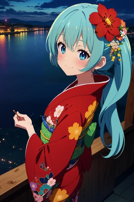 best_quality,masterpiece,1girl,solo,blue_hair,long_hair,kimono,floral print, nightime,fireworks,lakeside,from_above,blush,smile,clouds,moonlight,hair flower, obi,ribbon
anime screencap, anime visual,anime_coloring