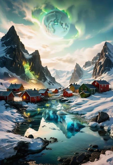 (by Ellen Jewett:1.5), (Bioluminescent Impressionism, Greenland  landscape, The Dreamland,, their peaks veiled in mist. mixed media, surrealism, great lighting, A surreal landscape highly detailed . extremely high-resolution details,  appears trapped in an optical illusion of reflections and refractions colorful , mountains and village in Greenland, professional photography, natural lighting, volumetric lighting maximalist. intricately detailed, complex, elegant, expansive, fantastical,snow, ice, night, moon,  ethereal landscapes, depth of field, biotech emotion:1.3) <lora:xl_more_art-full_v1:0.5> <lora:add-detail-xl:1> <lora:RMSDXL_Creative:2>. GhostlyStyle