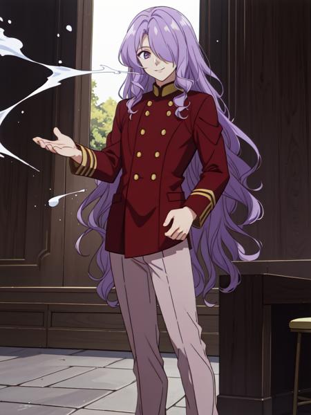 purple hair hair over one eye wavy hair brown uniform long sleeves buttons light brown pants white footwear