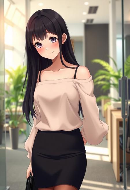 Anime-style shy and beautiful young female secretary standing in a modern office during the day. She has long, smooth black hair and gentle eyes, looking slightly down with a shy smile. She wears an elegant off-shoulder summer blouse without straps, with long flowing sleeves, slightly sheer and soft, tucked into a fitted black pencil skirt that ends just above the knees. She also wears thin, transparent black stockings and modest black heels. A small ID badge hangs subtly at her waist, adding to her reserved posture. Her cheeks are slightly flushed, giving a blushing expression as she stands near the office entrance, uncertain where to go. Background includes bright natural lighting, indoor plants, office desks, and soft shadows. The overall tone is warm and welcoming, with a soft-focus anime style and subtle bokeh effect in the background. Full-body composition, delicate lighting, cinematic mood.
