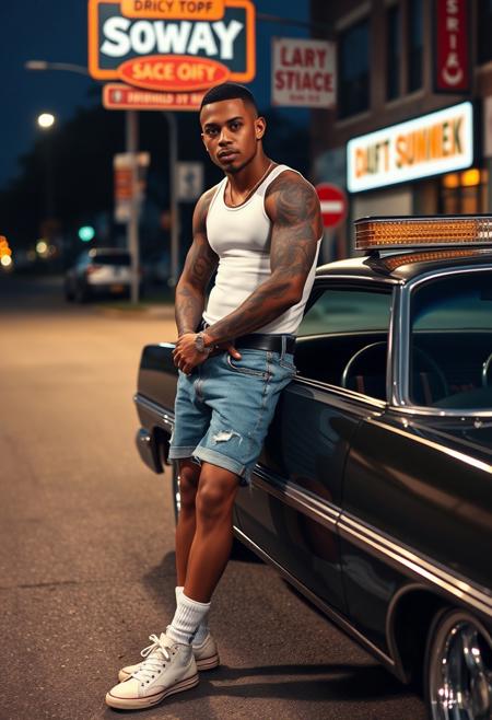 realistic, full body image, bolack man defined jawline,  full sleeve tattoos wearing a white tank top and jean shorts, long white socks and sneakers. skinny body,street background, posing next to drop top street car, gang signs, afterdark, full vid
