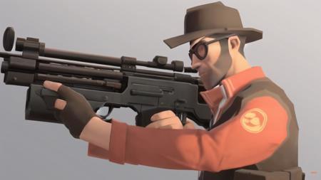 tf2mercs, (tf2sniper:1.1), red, solo, 1boy, male focus, holding rifle, <lora:tf2mercs:0.9>