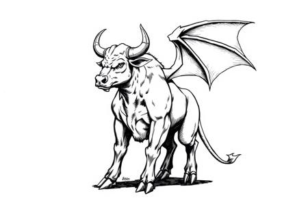 fantasy, ink art, comic style art, bull is standing with four feet, feet has 3 claws, bat wings, muscular , looking at left