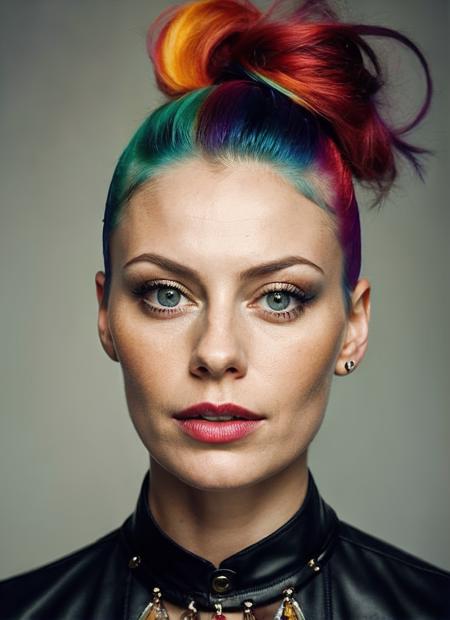 portrait of sks woman by Flora Borsi, style by Flora Borsi, bold, bright colours, rainbow Mohawk haircut, ((Flora Borsi)), <lora:lora_cassidy_v1_from_v1_160:1>