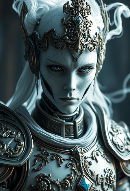 humanoid android, covered in white porcelain skin, blue eyes, white wispy ghost wearing ornate armour 4k realistic fantasy, insane details, ghost phantom effect, hyper detailed, photoreal, photography, cinematic lighting, hdr, hd, cinematography, realism, fine art digital, HD, Mark Molnar mystical, redshift rendering, 8k,