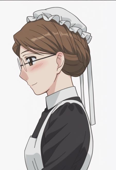 emma maid, glasses, mob cap, black dress, apron hat, brown capelet, black dress