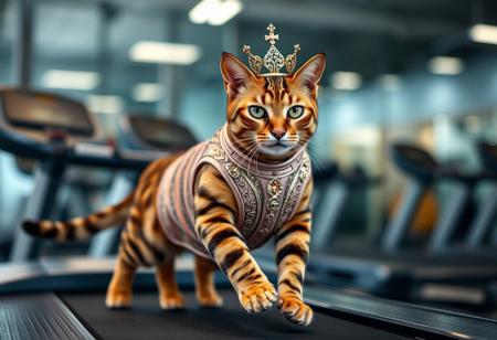 “A majestic Bengal cat wearing a delicate golden crown, dressed in a fitted, high-quality gymnast suit with intricate textures and vibrant colors, running on a treadmill. Captured in high resolution with a Panavision 105mm lens for a cinematic, hyper-detailed look. The scene is set in a polished gym environment, featuring realistic lighting that accentuates each detail of the cat’s fur, the suit’s fabric, and the subtle reflections on the treadmill. Deep, cinematic colors and dynamic lighting emphasize the regal and focused expression of the cat, with every whisker, fur strand, and fabric fold rendered in sharp clarity.”