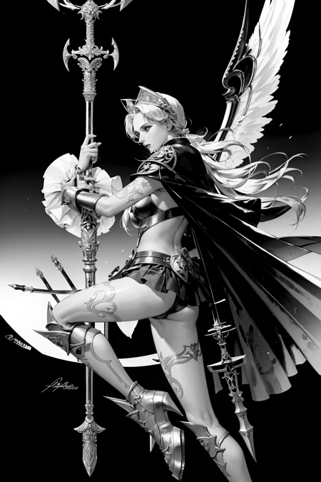 MONOCHROME, 
1girl, solo, holding, monochrome, weapon, boots, wings, sword, cape, holding weapon, armor, high heels, tattoo, halo, polearm, gauntlets, spear, holding polearm, leg tattoo,
 <lora:pilyeon-04:1>