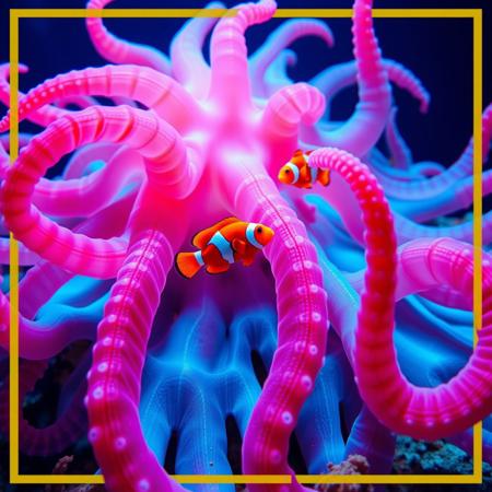 National geographic photo, high res, anenome , vivid electric neon pink and blue colours, tentacles spread and writhing, orange and white clownfish amongst the tentacles, underwater, deep blue ocean, slightly surreal, hyperreal.