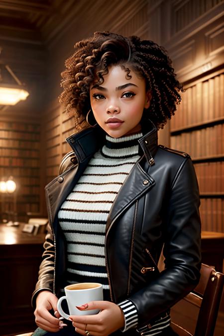 photo of (bby_cai), a woman in a (leather jacket:1.2), (wearing a striped sweater:1.2), modelshoot style, (extremely detailed CG unity 8k wallpaper), photo of the most beautiful artwork in the world, professional majestic oil painting by Ed Blinkey, Atey Ghailan, Studio Ghibli, by Jeremy Mann, Greg Manchess, Antonio Moro, trending on ArtStation, trending on CGSociety, Intricate, High Detail, Sharp focus, dramatic, photorealistic painting art by midjourney and greg rutkowski, (holding 1 cup of coffee:1.1), (sitting on a chair:1.2), (in a library:1.3), (looking at viewer), (detailed pupils:1.3), (afro hair:1.1)