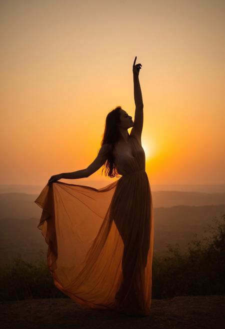 sunset, silhouette, woman in see through gossamer dress, heart shape, hand gesture, warm colors, outdoor, dusk, sky, creative pose, backlit, soft focus, landscape, golden hour, tranquility, leisure activity, nature, serene, orange tones, casual attire