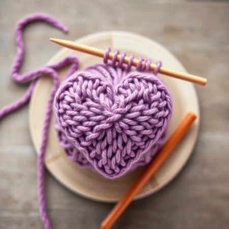 ball and knitting needles, knitted heart