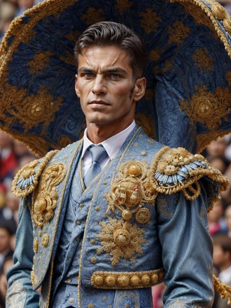 medium shot, from front, bullfighter, face, wearing (blue traje de luces:1.2) with gold designs,cropped vest, cropped jacket, <lora:tr4j3_v2:0.9> <lora:add_detail:1>  <lora:ClothingAdjuster3:0>