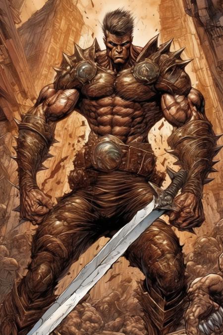 <lora:Marc Silvestri Style:1>Marc Silvestri Style - Depict a towering, musclebound man clad in detailed brown armor, possessing the sheer force necessary to unleash earth-shattering tremors, as he brandishes a massive sword as tall as himself. Create this image using the medium of digital art, channeling the dynamic and exaggerated proportions found in comic book illustrations by artists like Jack Kirby or Jim Lee. Bathe the scene in a strong, contrasting light source, highlighting the character's powerful muscles and intricate armor details. Utilize a color scheme with a dominant presence of warm browns, muted golds, and subtle hints of earthy greens. Frame this awe-inspiring figure with a worm's-eye view, using a fisheye lens to add a sense of depth and drama to the composition.